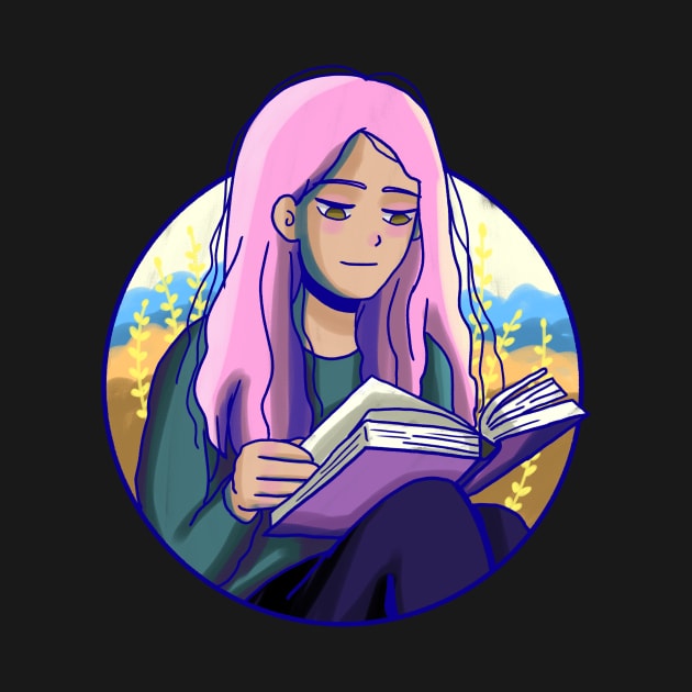 Cute girl with pink hair reading by Mayarart