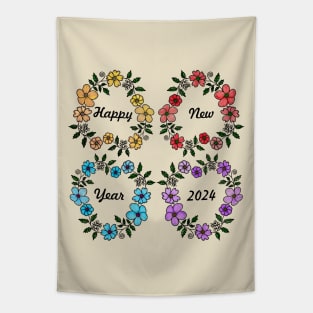 HAPPY NEW YEAR 2024 WITH FLOWERS WREATHS Tapestry