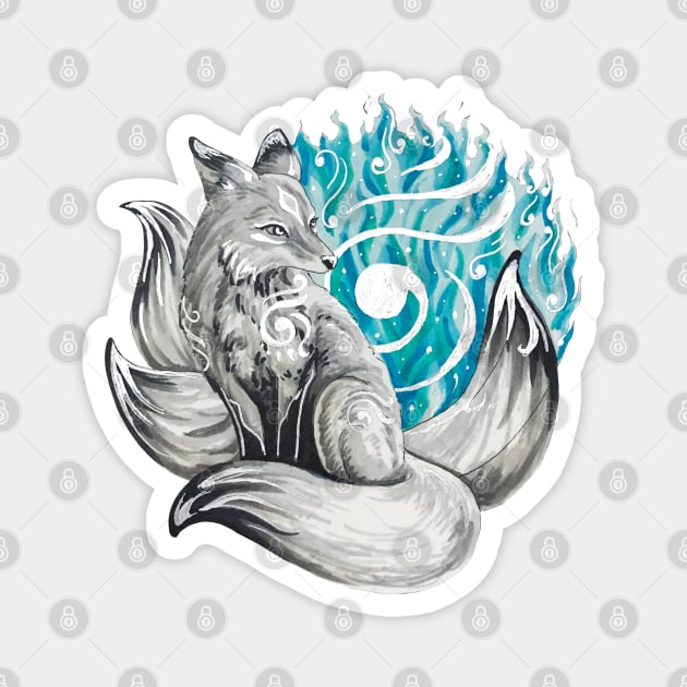 Silver Kitsune with Aqua Foxfire Magnet by Lady Lilac