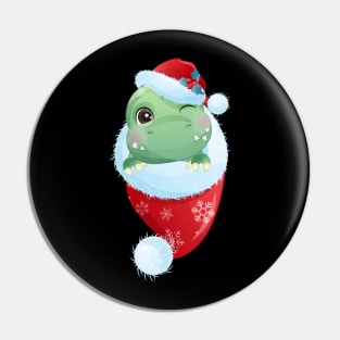 Cute Christmas Dinosaur With Santa Hat In Christmas Stocking Pin