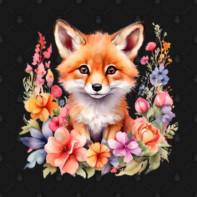 A red fox decorated with beautiful watercolor flowers by CreativeSparkzz