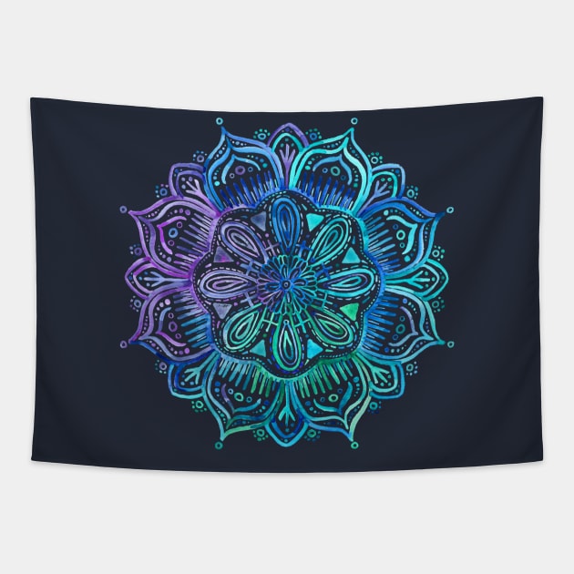 Iridescent Aqua and Purple Watercolor Mandala Tapestry by micklyn