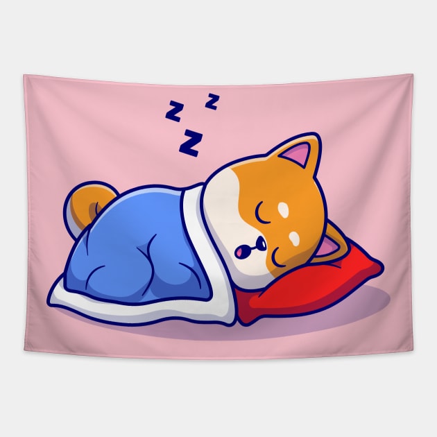 Cute Shiba Inu Dog Sleeping With Pillow And Blanket Cartoon Tapestry by Catalyst Labs