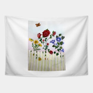 Flowers Growing Through Fence While Butterfly Hovers Tapestry