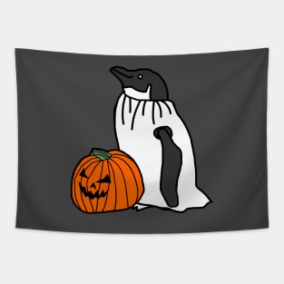 Penguin in Pumpkin Ghost Costume for Halloween Horror Tapestry