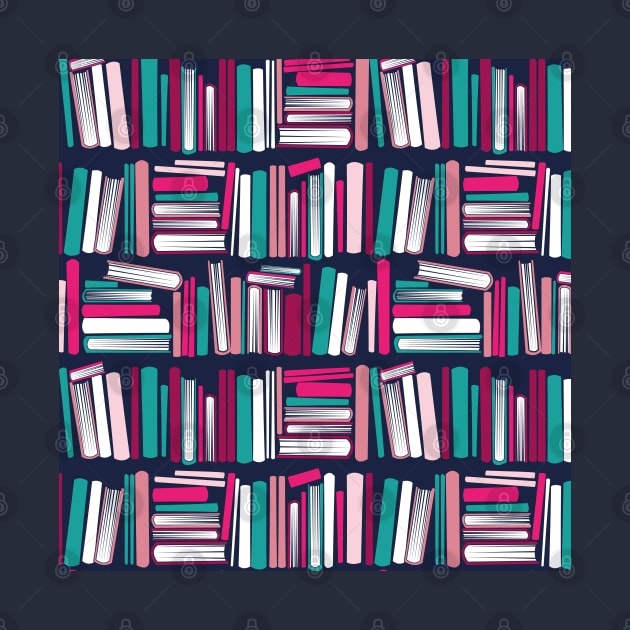 Colourful books // oxford navy blue bookshelf background teal white fuchsia carissma and pastel pink books by SelmaCardoso