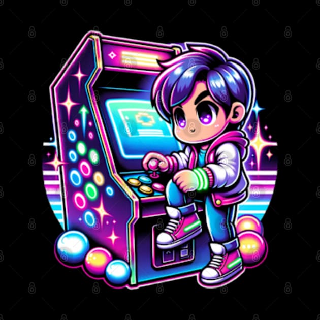 Chibi Boy Retro Neon 80s Video Gamer Cute by Lavender Celeste