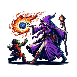 Wizard casing a fireball at a goblin with a d20 T-Shirt