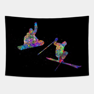 Ski and snowboard watercolor art Tapestry