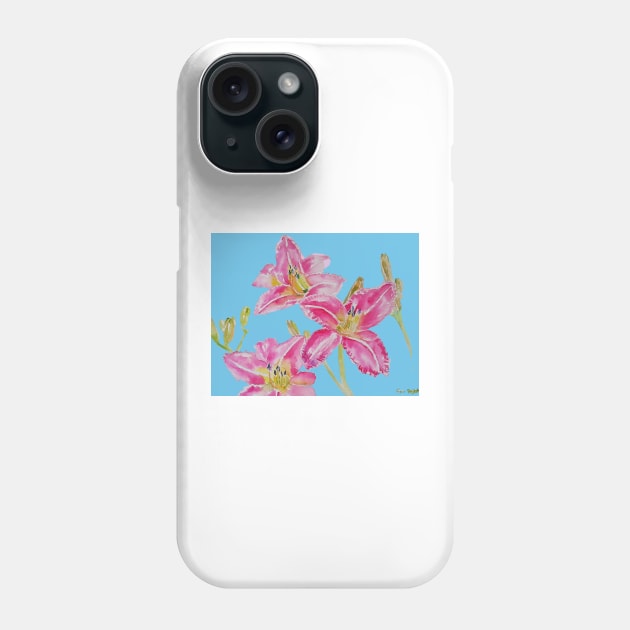 Pink Lily Flower Watercolor Painting Pattern - on Pastel Blue Phone Case by SarahRajkotwala