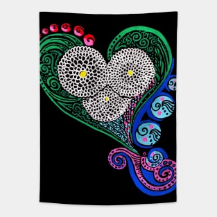 Boho Chic Heart & Flowers Bright & Colorful on Black Tapestry