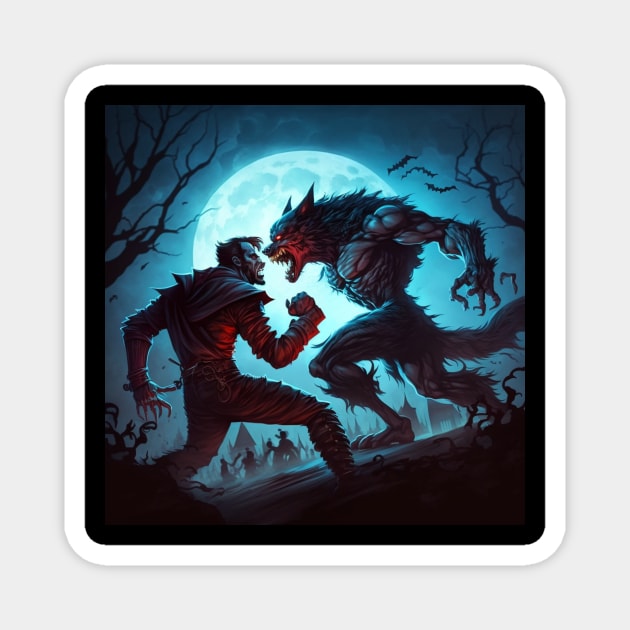 Cartoon image of a vampire vs. a werewolf fight at full moon. Magnet by Liana Campbell