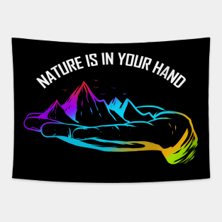 Logo Nature Is In Your Hand With Mountains For Earth Day Tapestry