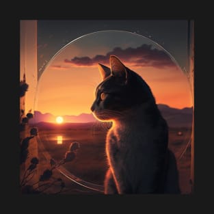 Design of a Cat watching a Sunset T-Shirt