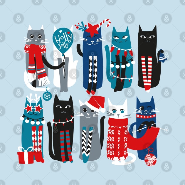 Feline Christmas vibes // print // blue background blue white and black kittens by SelmaCardoso