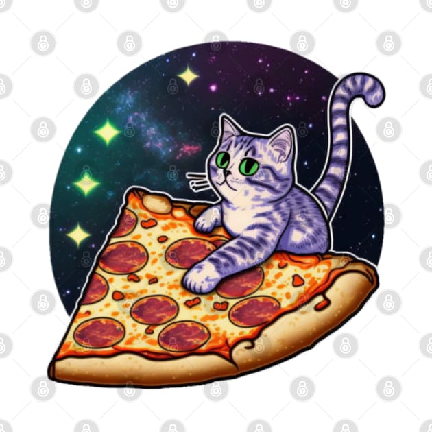 A cat riding a slice of pizza in space by Zachariya420