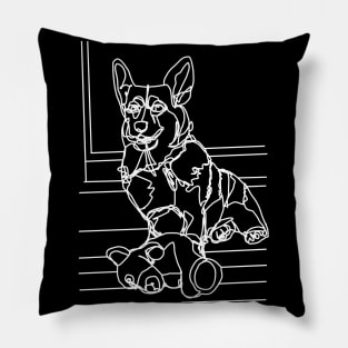 Dog Art Toy Bear and his Corgi White Line Drawing Pillow