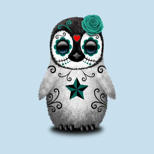 Teal Blue Day of the Dead Sugar Skull Penguin by jeffbartels