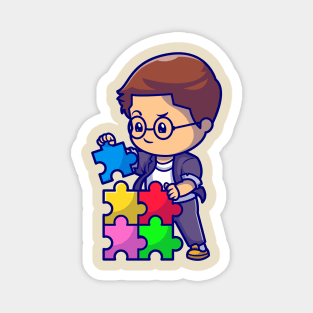 Cute Boy Connecting Puzzle Pieces Cartoon Magnet