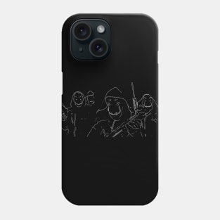 Four members with Salvador Dalí masks, red suits, mustache and machine guns as a white outline sketch money heist (vers. 3) Phone Case