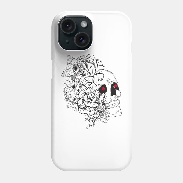 skeleton face drawn in black lines with various flowers and roses on one side Phone Case by JENNEFTRUST