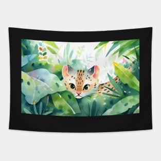 Whimsical Jungle Cat Watercolor Illustration Tapestry