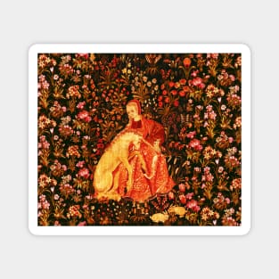 LADY AND UNICORN AMONG FLOWERS ,HARES,Red Brown Green Floral Magnet