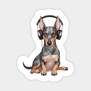 Watercolor Doberman Pinscher Dog with Headphones Magnet