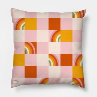 70s retro pattern with groovy trippy grid. Checkered background with rainbow. Pillow