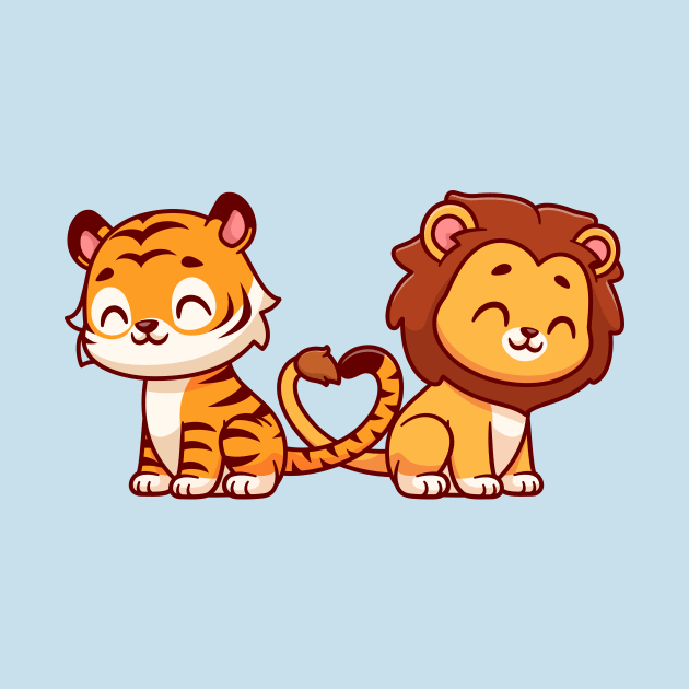 Cute Lion And Tiger Couple With Love Heart Tail Cartoon by Catalyst Labs