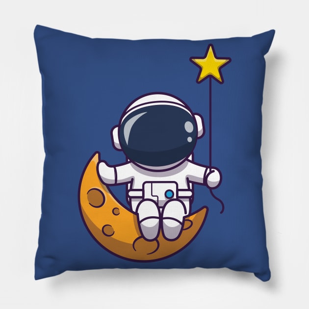 Cute Astronaut Sitting On Moon With Star Cartoon Pillow by Catalyst Labs