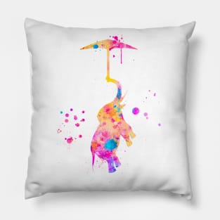 Colorful Pink Baby Elephant With Umbrella Watercolor Painting Pillow