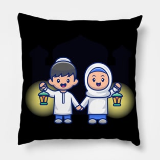 Cute moslem girl and boy holding lantern Pillow