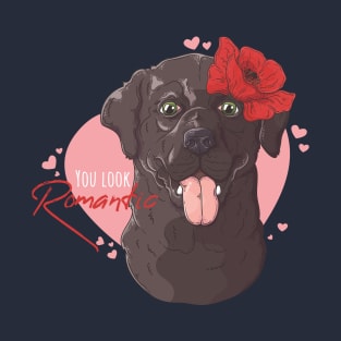 You Look Romantic | Cute Dog with Hearts  and Red Fower T-Shirt