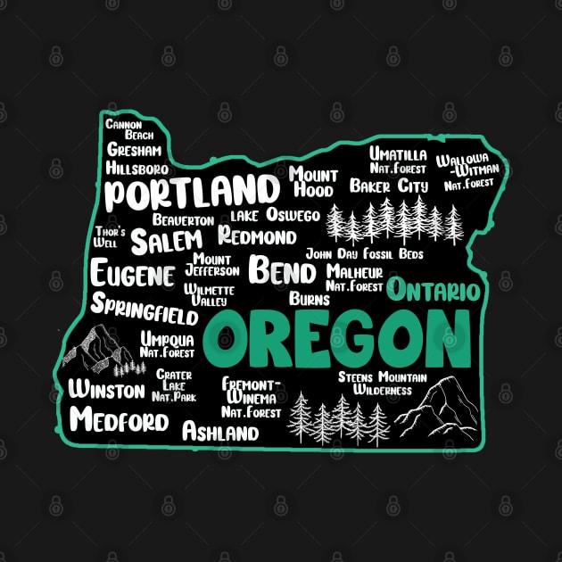 Cute map of Ontario Oregon, Portland, Salem, Eugene, Springfield, Bend, Medford by BoogieCreates