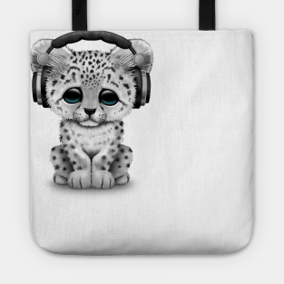 Cute Snow leopard Cub Dj Wearing Headphones Tote