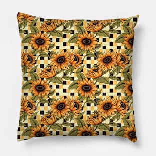 Aesthetic retro sunflowers, checked background Pillow