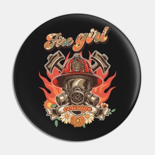 Firefighter woman Fire girl floral groovy Pin