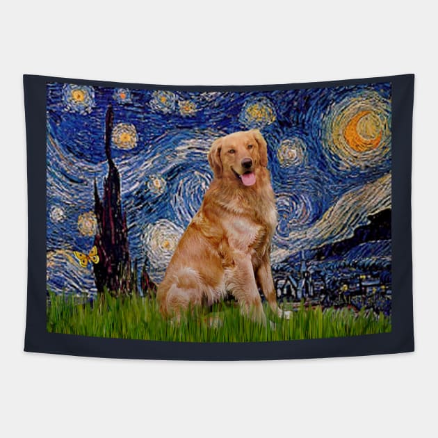 Starry Night Adapted to Include a Happy Golden Retriever Tapestry by Dogs Galore and More