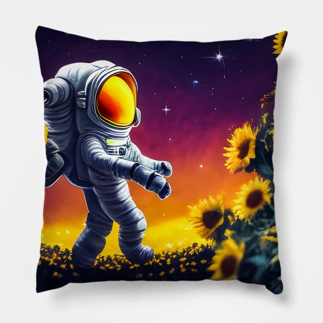 Astronaut sunflower garden Pillow by cloudart2868