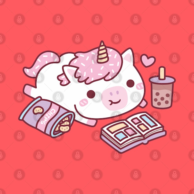 Cute Unicorn Chilling With Manga Chips And Boba Tea by rustydoodle