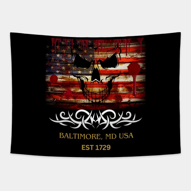 USA SKULL FLAG BALTIMORE MD DESIGN Tapestry by The C.O.B. Store