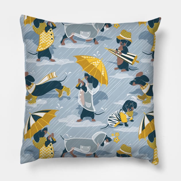 Ready For a Rainy Walk // pattern // pastel blue background dachshunds dogs with yellow and transparent rain coats Pillow by SelmaCardoso