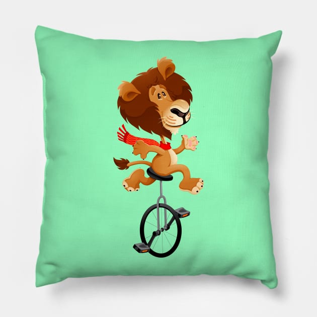 Funny lion on an unicycle Pillow by ddraw