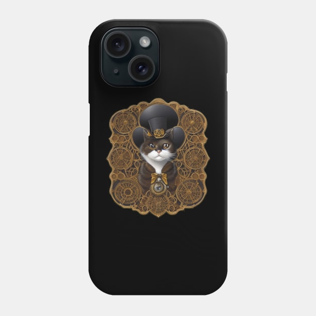 Steampunk Cat in a Top Hat with Gear-filled Background Phone Case by ImaginativeInkPOD