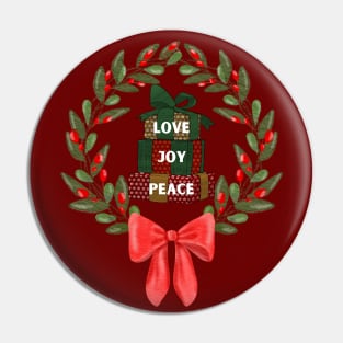 Holiday Christmas wreath with gifts of Love Joy and Peace Pin