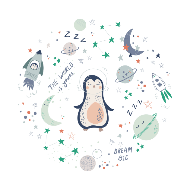 Cute baby space vector set with penguins, stars and planets by DanielK