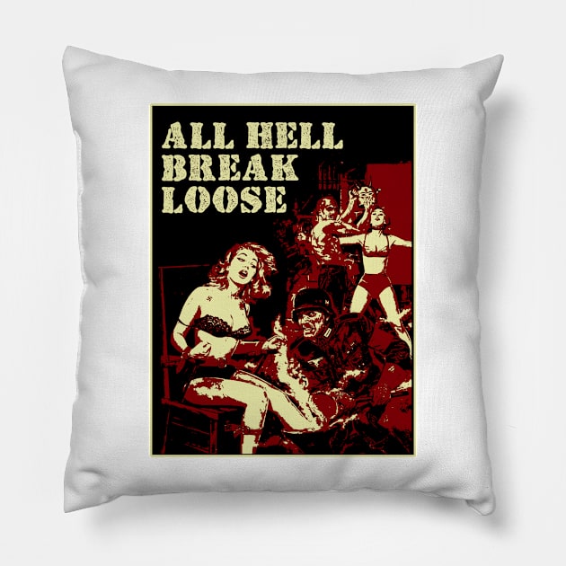 All Hell Break Loose - Vintage illustration Pillow by Vortexspace