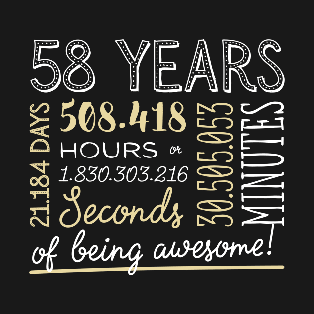 58th Birthday Gifts - 58 Years of being Awesome in Hours & Seconds by BetterManufaktur