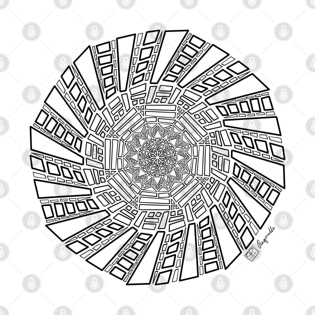 Hand drawn wonky wacky black and white mandala by Pragonette